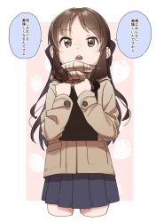 Rule 34 | 1girl, black bow, blue skirt, blush, bow, brown eyes, brown hair, brown jacket, brown scarf, cowboy shot, cropped legs, cropped torso, food, fruit, hair bow, hands up, highres, holding, idolmaster, idolmaster cinderella girls, jacket, long hair, long sleeves, open mouth, parted bangs, pink background, pleated skirt, scarf, skirt, solo, strawberry, tachibana arisu, teeth, two-tone background, upper teeth only, very long hair, white background, yukie (kusaka shi)
