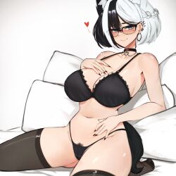 Rule 34 | 1girl, animal ears, black bra, black choker, black hair, black nails, blush, bra, braid, breasts, choker, closed mouth, ear piercing, extra ears, female pubic hair, glasses, hair between eyes, hand on own chest, heart, highres, large breasts, leash, looking at viewer, melisa (varniskarnis), mole, mole under eye, multicolored hair, navel, no shoes, on bed, original, piercing, pillow, pubic hair, pubic hair peek, short hair, sitting, smile, solo, stomach, thighhighs, two-tone hair, underwear, varniskarnis, viewer holding leash, white background, white hair