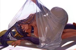 Rule 34 | 1girl, all fours, animal ears, ass, bare shoulders, bed sheet, breasts, closed mouth, dark-skinned female, dark skin, earrings, eyelashes, facial mark, fate/grand order, fate (series), hair tubes, hairband, hanging breasts, highres, hoop earrings, jewelry, large breasts, long hair, looking at viewer, low-tied long hair, naked sheet, nitocris (fate), purple eyes, purple hair, see-through silhouette, sidelocks, smile, solo, ssamjang (misosan), top-down bottom-up, very long hair