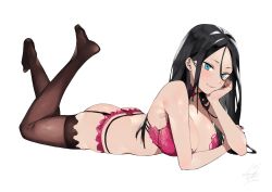 Rule 34 | 1girl, ass, bad id, bad pixiv id, black hair, blue eyes, blush, bra, breasts, brown thighhighs, cleavage, closed mouth, collarbone, elbow rest, floral print, full body, garter belt, garter straps, hair between eyes, hairband, halterneck, hand on own chin, head rest, highres, large breasts, lingerie, long hair, looking at viewer, lying, nail polish, on stomach, panties, pink bra, pink panties, rose print, school girl strikers, shiny skin, shiranui hazuki, signature, simple background, smile, solo, the pose, thighhighs, underwear, underwear only, uni (melm), white background