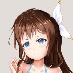 Rule 34 | 1girl, aqua bikini, aqua bow, aqua eyes, aqua scrunchie, artist name, artist request, bare shoulders, bikini, blue eyes, blush, bow, bow bikini, bracelet, breasts, brown hair, cleavage, close-up, collarbone, cross-laced bikini, cross-laced bikini top, cross-laced clothes, female focus, frilled bikini, frills, hair between eyes, hair bow, half updo, high ponytail, holding, holding own hair, jewelry, long hair, looking at viewer, love live!, love live! nijigasaki high school idol club, love live! school idol festival, love live! school idol festival all stars, miracle voyage (love live!), nail polish, osaka shizuku, parted lips, pink nails, ponytail, scrunchie, smile, solo, string bikini, striped bikini, striped clothes, swimsuit, upper body, vertical-striped bikini, vertical-striped clothes, white bow, wrist scrunchie