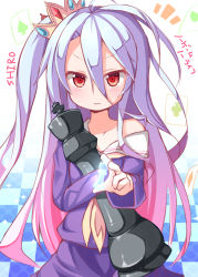 Rule 34 | 10s, 1girl, :3, bad id, bad pixiv id, bare shoulders, blue hair, blush, character name, checkered floor, chess piece, crown, gradient hair, long hair, looking at viewer, multicolored hair, no game no life, off shoulder, ominaeshi (takenoko), oversized object, pink hair, red eyes, school uniform, serafuku, shiro (no game no life), solo