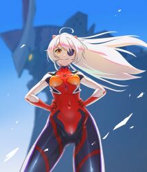 1girl ahoge bodysuit breasts cosplay covered_navel cowboy_shot eyepatch floating_hair gotointhepark hands_on_own_hips highres honkai_(series) honkai_impact_3rd kiana_kaslana kiana_kaslana_(void_drifter) looking_at_viewer neon_genesis_evangelion small_breasts smile solo souryuu_asuka_langley souryuu_asuka_langley_(cosplay) standing white_hair yellow_eyes