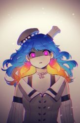 Rule 34 | 1girl, alternate color, alternate hair color, blue hair, chef hat, chromatic aberration, commentary, english commentary, floating hair, hat, highres, hololive, hololive english, kiko (kikoshaula), long hair, looking at viewer, multicolored hair, parted lips, pink eyes, red hair, solo, takanashi kiara, virtual youtuber
