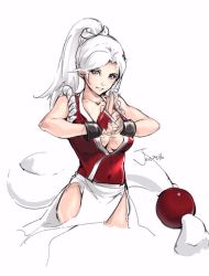 Rule 34 | artist name, brown eyes, cleavage cutout, clothing cutout, collarbone, covered navel, jon tw, shiranui mai, side slit, simple background, sketch, solo, stance, the king of fighters, white background, white hair