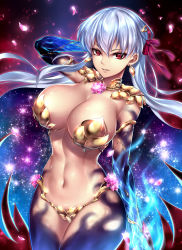 Rule 34 | 1girl, arm behind head, armor, bare shoulders, bikini armor, black thighhighs, blurry, blush, bokeh, breasts, choker, cleavage, commentary request, cowboy shot, depth of field, detached sleeves, double exposure, dress, earrings, elbow gloves, fate/grand order, fate (series), floating hair, glint, gloves, gold, hair between eyes, hair ribbon, highleg, highres, jewelry, kama (fate), kama (third ascension) (fate), large breasts, light particles, long hair, looking at viewer, md5 mismatch, nasaniliu, navel, open mouth, parted lips, purple dress, red eyes, red ribbon, resolution mismatch, revealing clothes, ribbon, silver hair, smile, solo, source smaller, sparkle, sweat, thighhighs, very long hair