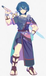 Rule 34 | 1boy, aqua hair, blue eyes, byleth (fire emblem), byleth (male) (fire emblem), denaseey, fire emblem, fire emblem: three houses, hand on own hip, highres, holding, holding sword, holding weapon, looking at viewer, male focus, nintendo, sandals, short hair, short sleeves, simple background, solo, sword, weapon, white background