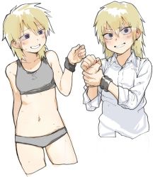 Rule 34 | 1girl, blonde hair, blush, character request, copyright request, earrings, female focus, grey panties, grin, jewelry, looking at viewer, medium hair, navel, panties, simple background, smile, solo, soosaresu, sports bra, sweat, underwear, white background, wristband