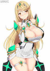Rule 34 | 1girl, armor, bare shoulders, blonde hair, blush, breasts, cleavage, closed mouth, commentary request, commission, dress, gem, gloves, hair ornament, headpiece, huge breasts, jewelry, kainkout, large breasts, long hair, looking at viewer, mythra (xenoblade), nintendo, shoulder armor, smile, solo, thigh strap, tiara, very long hair, white background, xenoblade chronicles (series), xenoblade chronicles 2, xenoblade chronicles (series), xenoblade chronicles 2, yellow eyes