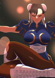 Rule 34 | 1girl, akisu k, boots, breasts, brown eyes, brown hair, capcom, china dress, chinese clothes, chun-li, double bun, dress, earrings, fighting stance, gradient background, hair bun, jewelry, large breasts, light rays, looking at viewer, pantyhose, sash, sitting, solo, street fighter, street fighter v, thighs, white footwear, white sash