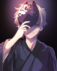 Rule 34 | 1boy, arm up, black background, black kimono, blonde hair, closed mouth, commentary request, dark background, fingernails, fox mask, gradient hair, grey outline, highres, japanese clothes, kagerou project, kano shuuya, kimono, looking at viewer, male focus, mask, mask lift, mask on head, mokemoke chan, multicolored hair, one eye covered, outline, pink outline, purple background, shadow, sleeves past elbows, smile, solo, upper body, wide sleeves, yellow eyes