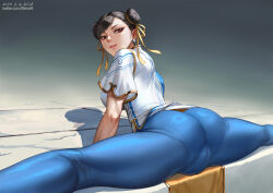 Rule 34 | 1girl, ass, black hair, blue unitard, breasts, brown eyes, cameltoe, capcom, china dress, chinese clothes, chun-li, clothes lift, commentary, double bun, dress, earrings, elleciel.eud, english commentary, flexible, from behind, hair bun, hair ribbon, jewelry, kneepits, large breasts, looking back, mature female, on floor, pelvic curtain, pelvic curtain lift, ribbon, shadow, short hair, short sleeves, skin tight, solo, split, spread legs, straddle split, street fighter, street fighter 6, swept bangs, textless version, thick thighs, thighs, translation request, twitter username, variant set, white dress, yellow ribbon