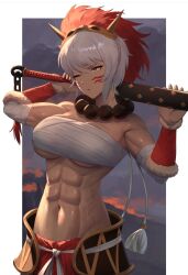 Rule 34 | 1girl, abs, arm warmers, bandaged arm, bandages, bandeau, breasts, chest sarashi, cleavage, club, club (weapon), commentary, dark skin, facial mark, fire emblem, fire emblem fates, grey hair, head tilt, highres, holding, holding club, holding weapon, kanabou, large breasts, mask, mask on head, midriff, navel, nintendo, one eye closed, red eyes, rinkah (fire emblem), sarashi, short hair, shou illust, solo, stomach, strapless, tube top, upper body, weapon, whisker markings