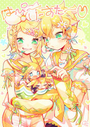 Rule 34 | 1boy, 2girls, aqua eyes, blonde hair, blue eyes, blush stickers, bow, braid, brother and sister, carrot, commentary, detached sleeves, dual persona, easter, easter egg, egg, food, grin, hair bow, hair ornament, hairclip, highres, holding, holding egg, holding food, kagamine len, kagamine rin, looking at another, mini person, miniboy, minigirl, multiple girls, nail polish, nokodaru marin, polka dot, polka dot background, pouty lips, sailor collar, shirt, short hair, short ponytail, short sleeves, siblings, smile, spiked hair, star-shaped pupils, star (symbol), swept bangs, symbol-shaped pupils, twins, upper body, v-shaped eyebrows, vocaloid, white bow, white shirt, yellow collar, yellow sleeves