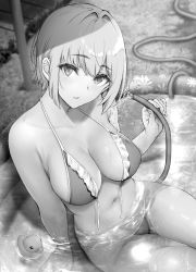Rule 34 | 1girl, bikini, blurry, blush, breasts, cleavage, collarbone, commentary, cowboy shot, depth of field, frilled bikini, frills, gentsuki, grass, greyscale, hair between eyes, halterneck, highres, hose, large breasts, looking at viewer, monochrome, navel, original, outdoors, parted lips, partially submerged, pool, rubber duck, short hair, sitting, solo, stomach, string bikini, swimsuit, thighs, untied bikini, wading pool, water