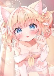 Rule 34 | 1girl, :3, ahoge, animal ears, bell, bent over, blonde hair, blue eyes, blush, bow, breasts, cat ears, cat girl, chiyu (vtuber), cleavage, commission, fang, fang out, hair bell, hair bow, hair ornament, heart, heart ahoge, heart in eye, highres, indie virtual youtuber, indoors, light particles, long hair, looking at viewer, medium breasts, nail polish, nanase (ribonshitoron), neckerchief, off shoulder, paw pose, paw print, skeb commission, skin fang, smile, solo, sunlight, sweater, symbol in eye, thighhighs, tongue, tongue out, twintails, virtual youtuber, wavy hair, window