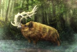 Rule 34 | boar, chinese zodiac, day, forest, mononoke hime, nature, no humans, original, outdoors, profile, river, tk8d32, water, year of the pig