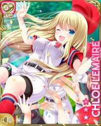 Rule 34 | 6+girls, baseball cap, baseball uniform, blonde hair, blue eyes, breasts, card (medium), character name, chloe lemaire, closed eye, day, girlfriend (kari), hat, large breasts, lifting another&#039;s clothes, long hair, multiple girls, official art, open mouth, outdoors, qp:flapper, shirt, skirt, smile, sportswear, tagme