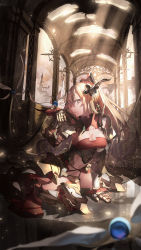 Rule 34 | 1girl, amor, arm support, armor, armored boots, blonde hair, boots, bow, breasts, brown eyes, cleavage, day, floating hair, gauntlets, granblue fantasy, hair bow, high ponytail, highres, horns, kneeling, long hair, looking at viewer, medium breasts, midriff, navel, outdoors, panties, pauldrons, red bow, red eyes, red panties, ruins, saraki, shoulder armor, sideboob, single horn, solo, stomach, strapless, thigh boots, thighhighs, underwear, very long hair, vira (granblue fantasy)