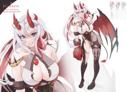 Rule 34 | 1girl, adoptable, artist name, bare shoulders, blue eyes, boots, breasts, cleavage, demon girl, demon tail, demon wings, deviantart username, discord username, full body, hair between eyes, highres, horns, jewelry, large breasts, long hair, looking at viewer, mikazeze, multicolored hair, necklace, original, red hair, simple background, smile, solo, tail, white hair, wings, zoom layer