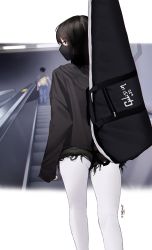 Rule 34 | 1boy, 1girl, absurdres, arm at side, artist name, black eyes, black hair, black hoodie, black pantyhose, black shorts, commentary request, escalator, feet out of frame, from behind, guitar case, highres, hitomi o, hood, hood down, hoodie, instrument case, long hair, long sleeves, looking away, looking to the side, mask, mouth mask, original, pantyhose, pantyhose under shorts, short shorts, shorts, sleeves past wrists, solo focus, standing, torn clothes