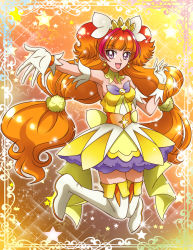 Rule 34 | 1girl, :d, amanogawa kirara, boots, brown hair, cure twinkle, earrings, full body, gloves, go! princess precure, hanzou, jewelry, jumping, long hair, low-tied long hair, magical girl, multicolored background, multicolored hair, open mouth, outstretched hand, precure, purple eyes, quad tails, red hair, skirt, smile, solo, star (symbol), star earrings, streaked hair, thigh boots, thighhighs, twintails, two-tone hair, white footwear, white thighhighs, zettai ryouiki