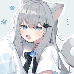Rule 34 | 1girl, :d, absurdres, animal ears, black bow, black bowtie, black choker, blue background, blue eyes, blush, bow, bowtie, cat ears, cat girl, cat hair ornament, cat tail, choker, collared shirt, dot nose, fang, grey hair, hair between eyes, hair ornament, hairclip, highres, indie virtual youtuber, long hair, looking at viewer, mokyuko, nachoneko, notice lines, open mouth, outline, paw print, pillow, portrait, shirt, short sleeves, sidelocks, simple background, smile, solo, straight hair, tail, virtual youtuber, white outline, white shirt