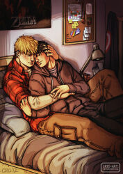 Rule 34 | 2boys, bara, bedroom, black hair, blonde hair, collared shirt, couple, cris art, cuddling, dark room, denim, feet out of frame, hand in another&#039;s hair, hand on another&#039;s arm, hand on another&#039;s hand, hand on another&#039;s head, heads together, hood, hoodie, hulkling, jeans, male focus, marvel, merchandise, multiple boys, nintendo, on bed, pants, poster (object), shirt, short hair, sideburns, sitting, thick eyebrows, wiccan, yaoi
