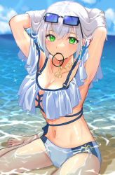 Rule 34 | 1girl, armpits, arms behind head, arms up, bare shoulders, beach, bikini, blue bikini, blue sky, blush, breasts, cleavage, collarbone, eyewear on head, green eyes, grey hair, hair lift, hair tie in mouth, highres, hololive, large breasts, looking at viewer, mouth hold, navel, ocean, shirogane noel, shore, short hair, sitting, sky, solo, sunglasses, swimsuit, thighs, uuroncha, virtual youtuber, wariza, wet