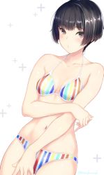Rule 34 | 1girl, arm across waist, bare arms, bare shoulders, bikini, black hair, blush, bob cut, breasts, brown eyes, cleavage, closed mouth, collarbone, colored stripes, commentary request, cowboy shot, highres, kobayakawa rinko, looking at viewer, love plus, masaoka misaki, multicolored bikini, multicolored clothes, navel, plus sign, short hair, simple background, solo, striped bikini, striped clothes, swimsuit, twitter username, vertical-striped bikini, vertical-striped clothes, white background