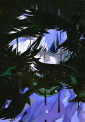 Rule 34 | 1boy, bird, black background, blue eyes, covering own mouth, crying, crying with eyes open, feathered wings, highres, hunter x hunter, killua zoldyck, looking at viewer, male focus, shenshan laolin, shirt, short hair, tears, white hair, wings