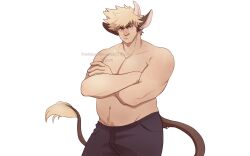 Rule 34 | 1boy, alternate muscle size, animal ears, bakugou katsuki, bara, belly, boku no hero academia, cow boy, cow ears, cow tail, crossed arms, feet out of frame, frown, highres, kemonomimi mode, large pectorals, looking at viewer, male focus, muscular, muscular male, navel, navel hair, pants, pectorals, petrichorcrown, short hair, solo, spiked hair, stomach, strongman waist, tail, thick eyebrows, topless male