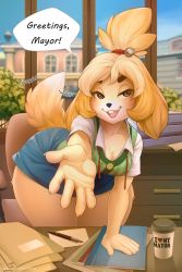Rule 34 | 1girl, animal crossing, artist request, bent over, blonde hair, breasts, brown eyes, cleavage, collarbone, desk, dog girl, dog tail, furry, furry female, indoors, isabelle (animal crossing), iskra, long hair, medium breasts, nintendo, skirt, solo, tail, thick thighs, thighs