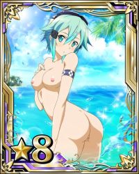Rule 34 | 1girl, armband, ass, beach, blue eyes, blue hair, breasts, cloud, collarbone, goggles, goggles on head, hair ornament, hand on own chest, island, lens flare, looking at viewer, looking back, medium breasts, nipples, nude, nude filter, ocean, open mouth, pussy, sand, short hair, sinon, sky, sparkle, standing, sun, sword art online, third-party edit, tree, water