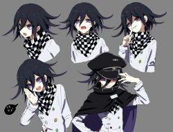Rule 34 | 1boy, arm belt, belt, black cloak, black hat, black scarf, buttons, chain, checkered clothes, checkered scarf, cloak, collared cloak, colored tips, commentary request, cropped torso, crying, crying with eyes open, danganronpa (series), danganronpa v3: killing harmony, double-breasted, finger to mouth, frown, grey background, hair between eyes, hand on headwear, hand on own face, hat, high collar, jacket, layered sleeves, leaning to the side, long sleeves, male focus, multicolored buttons, multicolored hair, multiple views, oma kokichi, open mouth, palms, peaked cap, purple cloak, purple eyes, purple hair, scarf, short hair, simple background, sleeves past wrists, smile, smirk, streaming tears, tamaon, tears, teeth, two-sided cloak, two-sided fabric, two-tone scarf, upper body, upper teeth only, v-shaped eyebrows, white belt, white jacket, white scarf, white sleeves