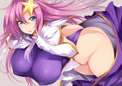 Rule 34 | 1girl, ass, bent over, blue eyes, breasts, commentary request, covered erect nipples, gloves, gundam, gundam seed, gundam seed destiny, highleg, highleg leotard, highres, huge breasts, impossible clothes, impossible leotard, leotard, long hair, looking at viewer, meer campbell, pink hair, purple leotard, shiny skin, skin tight, solo, standing, taut clothes, taut leotard, thong leotard, tsukasawa takamatsu