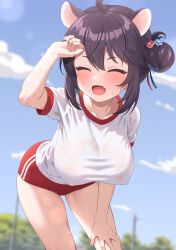 Rule 34 | 1girl, ahoge, animal ears, black hair, blue archive, blue sky, blurry, blurry background, breasts, buruma, closed eyes, cloud, commentary request, day, fang, gym uniform, hair bun, highres, kaede (blue archive), large breasts, leaning forward, no halo, open mouth, outdoors, red buruma, shirt, short hair, short sleeves, skin fang, sky, solo, sonao, sweat, wet, wet clothes, white shirt