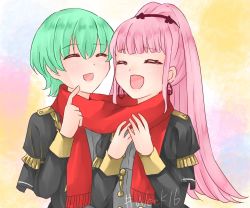 Rule 34 | 1boy, 1girl, alternate costume, byleth (fire emblem), byleth (male) (fire emblem), closed eyes, earrings, fire emblem, fire emblem: three houses, garreg mach monastery uniform, green hair, hair ornament, hand up, highres, hilda valentine goneril, jewelry, karingityou, long hair, long sleeves, nintendo, open mouth, pink hair, scarf, short hair, simple background, twintails