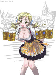 Rule 34 | 10s, 1girl, 2012, alcohol, beer, beer mug, blonde hair, blush, breasts, cleavage, covered erect nipples, cup, dated, dirndl, drill hair, german clothes, germany, highres, kimishin, large breasts, long hair, mahou shoujo madoka magica, mahou shoujo madoka magica (anime), mug, oktoberfest, open mouth, smile, solo, tomoe mami, traditional clothes, underbust, yellow eyes