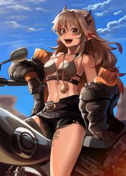 Rule 34 | 1girl, absurdres, alchemy stars, bare shoulders, belt, belt buckle, black coat, black shorts, black thighhighs, blonde hair, bra, breasts, brown gloves, buckle, cleavage, cloud, coat, colored tips, commentary, day, english commentary, front-tie bra, gloves, grey bra, highres, horns, long hair, looking at viewer, maggie (alchemy stars), medallion, medium breasts, motor vehicle, motorcycle, multicolored hair, multiple horns, no navel, nongxy nonshi, off shoulder, open mouth, outdoors, pointy ears, shorts, sidelocks, single thighhigh, sitting, smile, solo, thighhighs, underwear, yellow eyes