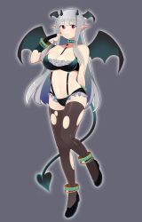Rule 34 | 1girl, anklet, arm behind back, bangle, bare arms, bare shoulders, between breasts, black footwear, black gloves, black thighhighs, blunt bangs, bracelet, breasts, character request, choker, commentary request, copyright request, demon girl, demon horns, demon tail, demon wings, eiki kisa, eyelashes, eyes visible through hair, finger to mouth, fingerless gloves, flats, frills, full body, gem, gloves, grey background, grey hair, head wings, horns, index finger raised, jewelry, large breasts, leg up, long hair, navel, official art, original, outline, pointy ears, raised eyebrows, red eyes, revealing clothes, ring, shiny skin, shoes, sidelocks, simple background, sleeveless, solo, standing, standing on one leg, stomach, suspenders, tail, thighhighs, torn clothes, torn thighhighs, translucent hair, very long hair, wings