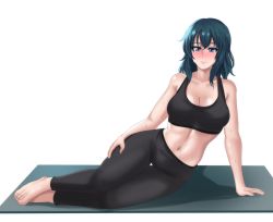 Rule 34 | 1girl, arm support, bare shoulders, barefoot, black pants, black sports bra, blue eyes, blue hair, blush, breasts, byleth (female) (fire emblem), byleth (fire emblem), cleavage, collarbone, commentary request, drie, fire emblem, fire emblem: three houses, full body, groin, hair between eyes, hand on own thigh, highres, large breasts, medium hair, midriff, navel, nintendo, nose blush, pants, partial commentary, shadow, sidelocks, simple background, sitting, solo, sports bra, sweat, thigh gap, tight clothes, tight pants, white background, yoga mat, yokozuwari