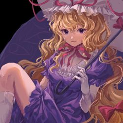 Rule 34 | 1girl, 80isiiii, blonde hair, bow, choker, dress, elbow gloves, feet out of frame, gap (touhou), gloves, hair between eyes, hair bow, hat, hat ribbon, highres, holding, holding umbrella, knee up, long hair, looking at viewer, mob cap, open mouth, parasol, pink bow, pink ribbon, puffy short sleeves, puffy sleeves, purple dress, purple eyes, ribbon, ribbon choker, short sleeves, smile, socks, solo, touhou, umbrella, white gloves, white hat, white socks, yakumo yukari