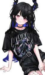 Rule 34 | 1girl, absurdres, akarinnndesu, asymmetrical horns, belt, black belt, black hair, black horns, black shirt, black shorts, blue hair, blush, closed mouth, collar, collarbone, colored inner hair, demon horns, fishnets, hair ornament, highres, hololive, hololive english, horns, long hair, looking at viewer, mole, mole under eye, multicolored hair, nerissa ravencroft, parted bangs, pink eyes, shirt, shorts, sitting, solo, spiked collar, spikes, torn clothes, two-tone hair, uneven horns, very long hair, virtual youtuber