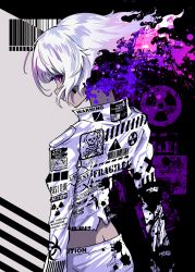 Rule 34 | 1girl, back, barcode, berryverrine, highres, looking back, original, paint splatter, purple eyes, short hair, sign, solo, standing, torn clothes, warning sign, white hair
