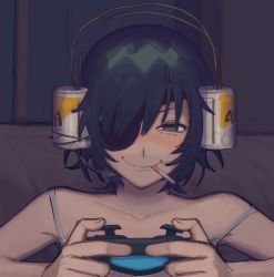Rule 34 | 1girl, bare shoulders, beer can, black hair, blush, can, chainsaw man, cigarette, controller, dark, drink can, eyepatch, game controller, green eyes, grey tank top, headset, highres, himeno (chainsaw man), holding, holding controller, holding game controller, liowig, looking at viewer, makeshift headset, off shoulder, playstation controller, short hair, smile, solo, squinting, tank top