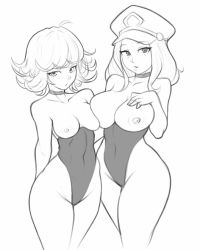 Rule 34 | 2girls, ahoge, arms behind back, bare shoulders, black leotard, boku no hero academia, grabbing another&#039;s breast, breast press, breasts, breasts out, choker, collarbone, covered navel, crossover, curly hair, curvy, grabbing, hand on own chest, hat, highleg, highleg leotard, jakuson z, large breasts, leotard, long hair, looking at viewer, medium hair, monochrome, multiple girls, nipples, one-punch man, short hair, simple background, sketch, skin tight, small breasts, smile, standing, tatsumaki, thick thighs, thighs, thong leotard, utsushimi kemii, white background, wide hips
