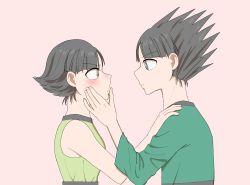 Rule 34 | 1boy, 1girl, black hair, blush, breasts, butch (ppg), buttercup (ppg), finger on lips, green eyes, hand on another&#039;s face, hand on another&#039;s shoulder, long sleeves, powerpuff girls, short hair, small breasts, spiked hair, thumb on lips, wide-eyed