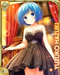 Rule 34 | 1girl, bare arms, bare shoulders, black dress, black headwear, blue eyes, blue hair, breasts, card (medium), character name, cleavage, closed mouth, dress, girlfriend (kari), hazuki yuzuko, indoors, jewelry, mansion, necklace, night, official art, qp:flapper, shoes, short hair, smile, solo, standing, tagme, tiara
