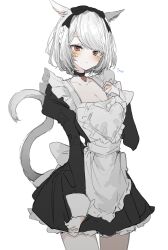 Rule 34 | 1girl, animal ears, black bow, black choker, blush, bow, breasts, cat tail, choker, closed mouth, final fantasy, final fantasy xiv, heterochromia, highres, inu nu, maid, medium breasts, miniskirt, short hair, simple background, skirt, tail, warrior of light (ff14), white background